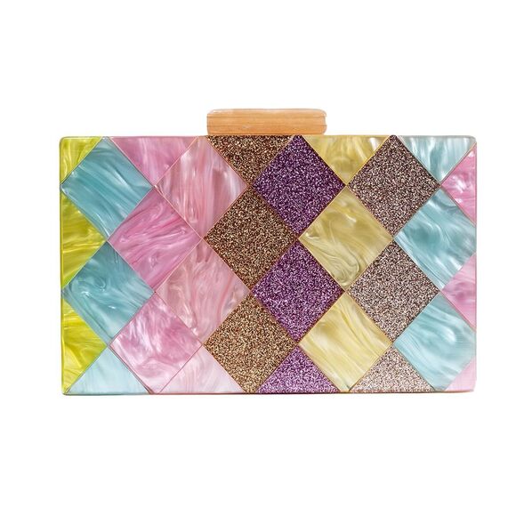 Handbags - 2898 Acrylic Wedding Clutch Marbled Pastoral Plaid Purse Bag Sweet Shoulder